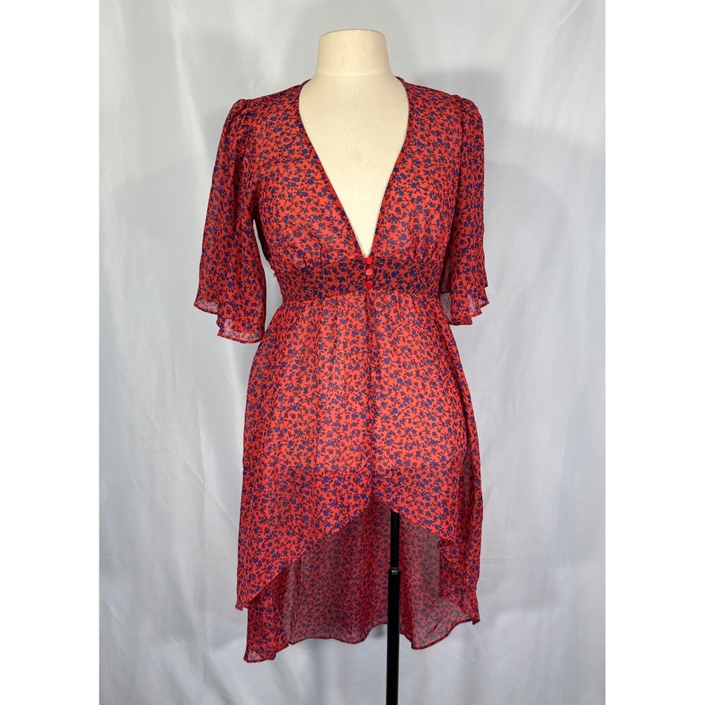 & harmony Red Blue‎ Floral High-Low Sheer V-Neck Cover up Cardigan Kimono Small